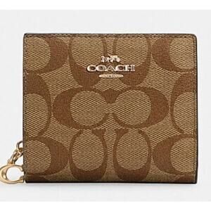 Coach 3309 Snap Wallet In Khaki Signature Canvas and Redwood Leather